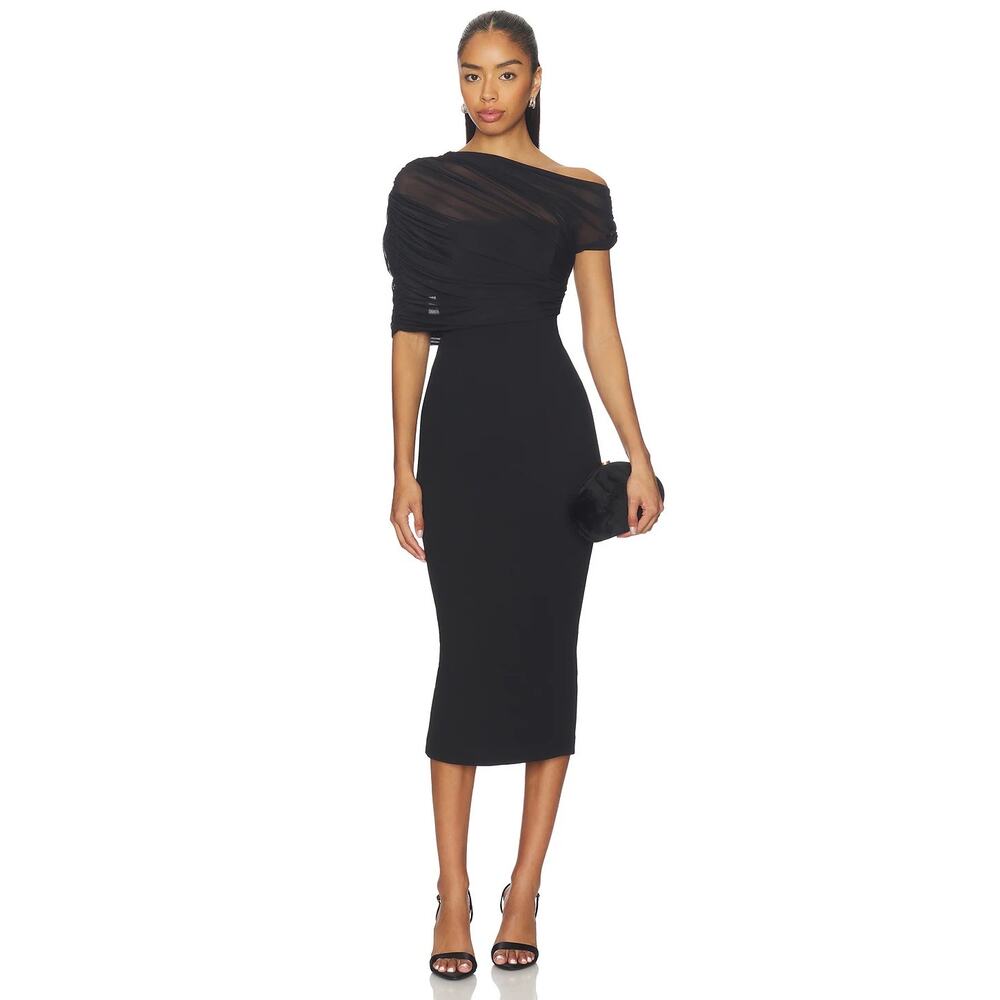 NWT SEROYA Selma Midi Dress w/ Sheer Overlay Black Size Medium Cocktail Evening
